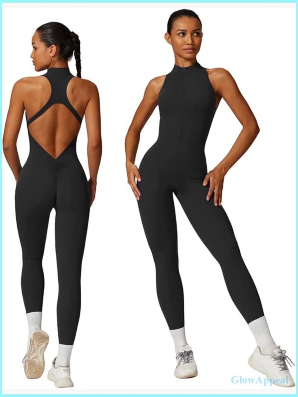Sleeveless Zip Up Workout Jumpsuit with V Back Scrunch